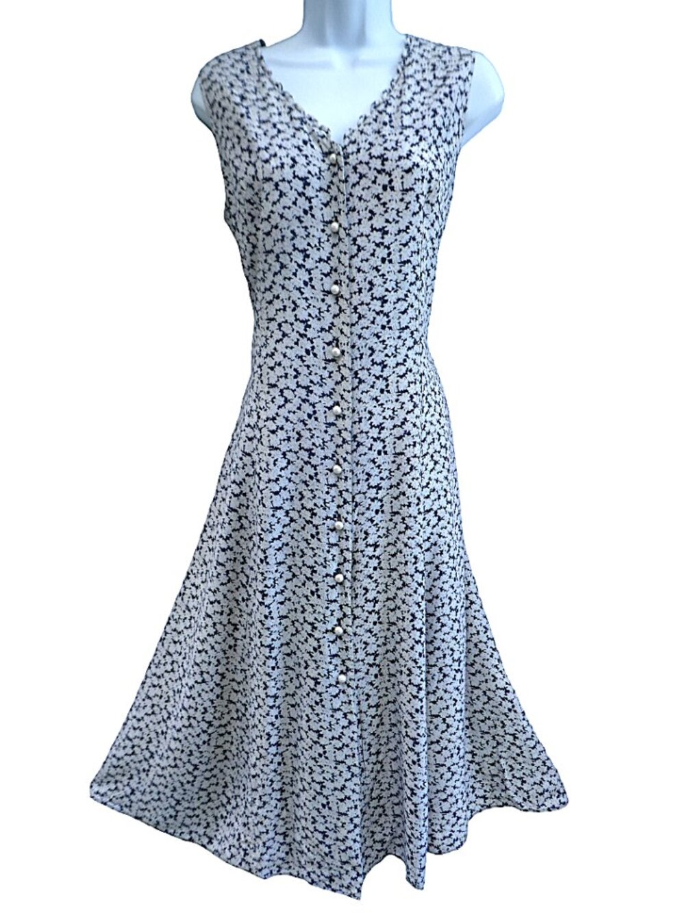 Vintage USA Navy White Ditsy Floral Tank Dress Full Front Button Lace Up Tie Bac
